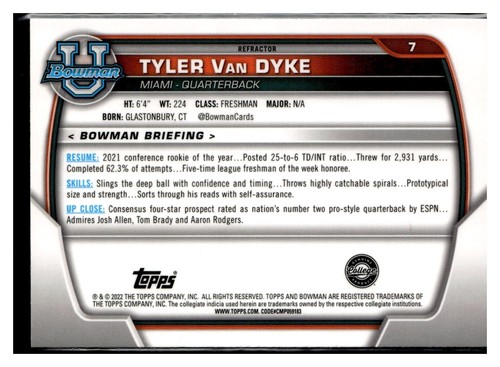 Tyler Van Dyke 2022 Bowman Chrome University Refractor #7 Miami - Picture 2 of 2