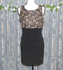 Twenty One Floral Ladies Little Black Dress Size L Stretch Back Zipper Nude Lace