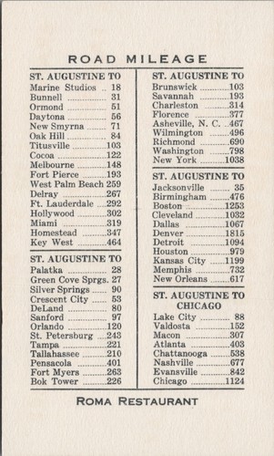Vintage Roma Restaurant St. Augustine, Florida Advertising Business Card - Picture 2 of 2