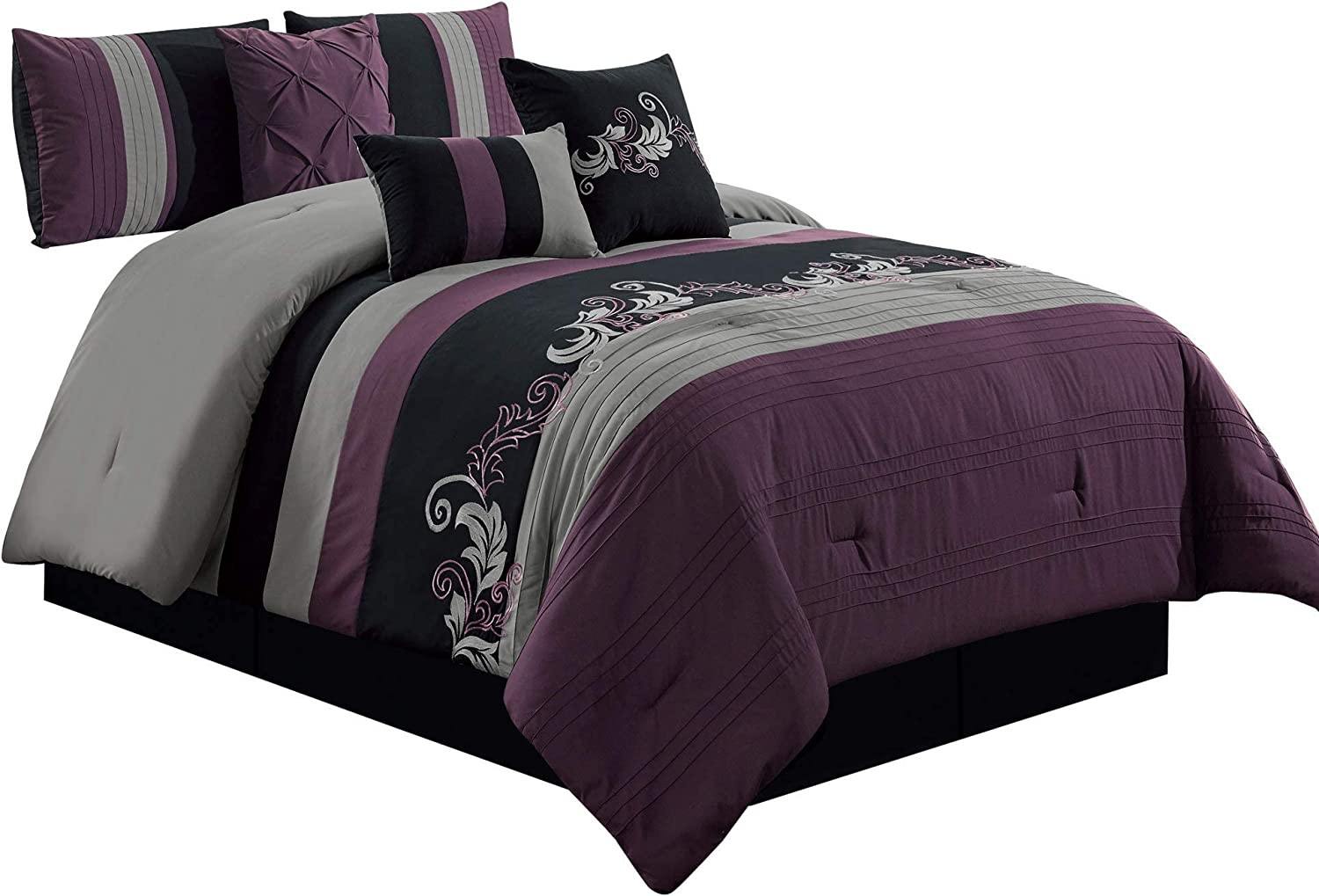 Napa 7-Piece Luxury Leaves Scroll Embroidery Bedding Comforter Set (King, Purple
