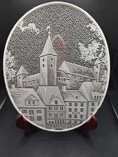 Vintage Rothenburg Germany Lace Window wall hanging 12" x 10" oval village scene