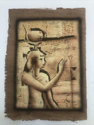 Vintage Hand Painted Egyptian Papyrus Painting Queen Cleopatra Philae Temple