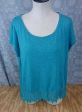 Rewind Fashion Crochet Top Women's Size Large Shirt Short Sleeve Teal Blouse