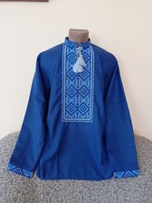 Blue Embrodered shirt men with white ornament Ukrainian Vyshyvanka m n