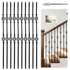 Muzata 10p 44'' Wrought Iron Balusters Black Double Basket Twist Hollow WT05