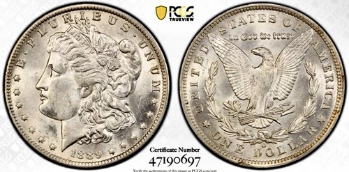 1889 O MORGAN SILVER DOLLAR PCGS AU58 GOLD SHIELD BLUE LABEL