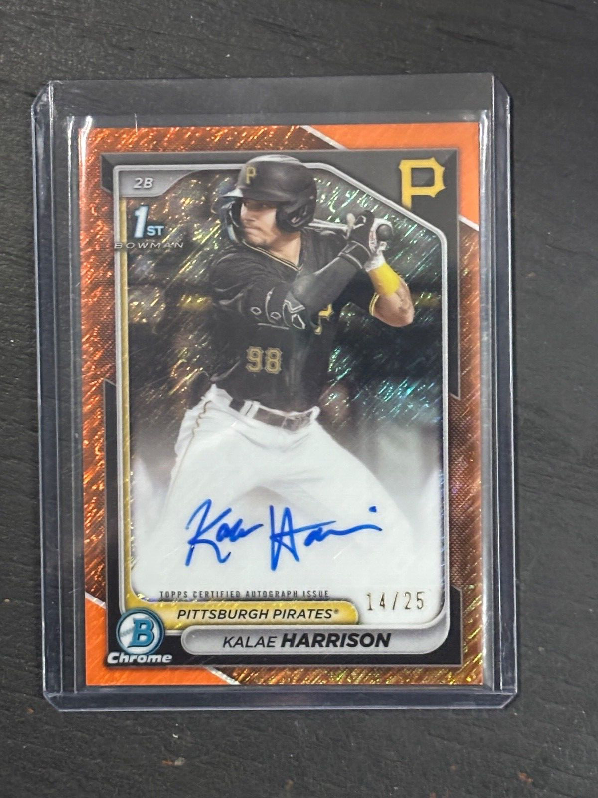 Kalae Harrison AUTO /25 2024 Bowman Chrome 1st ORANGE SHIMMER Refractor Pirates