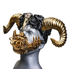 Gold Raven Ram Horn Headband with Steampunk Mouth Mask Hallween Party Costume