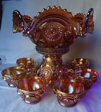 Vintage Imperial Marigold Carnival Glass Punch Bowl Stand Cups, Hobstar & Arches
