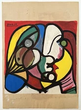 Pablo Picasso (Handmade) Drawing On Paper Signed & Stamped Mixed Media, Vtg Art