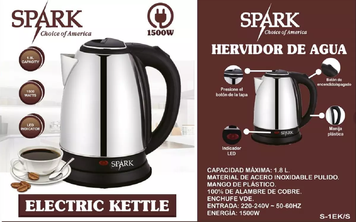 SPARK - HERVIDOR DE AGUA ELÉCTRICO 1,8L METÁLICO, TÉS, INFUSIONES, CAFÉS,  LECHE