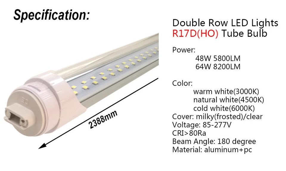 Double Row LED Tube Light 8FT,2.4m F96 Fluorescent Lamp FA8 R17R HO Rotated Bulb - Image 3 of 4