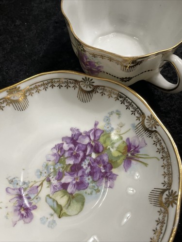 Rare Purple Flowers Double Handled Eggshell porcelain Cup & Saucer Set Gold Trim - Picture 2 of 10