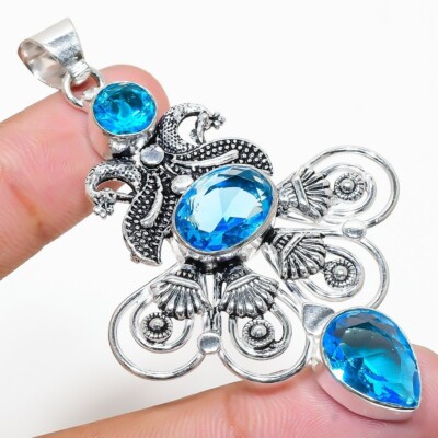 Swiss Blue Topaz Gemstone Handmade 925 Sterling Silver Jewelry Pendant ...