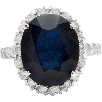 12.65Ct Natural Blue Sapphire & Diamond 14K White Solid Gold Ring
