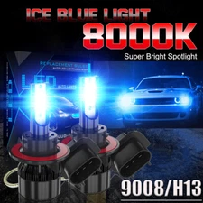 H13 9008 LED Headlight Bulbs Kit Hi Low Beam Bright 100W 11000LM 8000K Ice Blue
