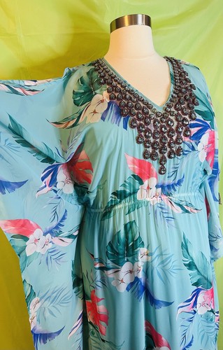 Boston Proper Size XL Floral Blue Embellished Kaftan Maxi Dress Boho Resort NWT - Picture 17 of 24