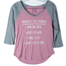 Modern Lux Women's Graphic Raglan Sleeve Shirt Size S - Pink Gray Mermaid Theme