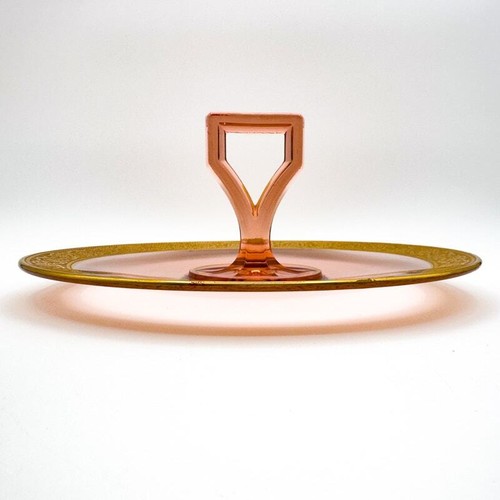 Vintage Pink Depression Glass Tidbit Tray w Gold Rim Dessert Plate w Handle - Picture 11 of 12