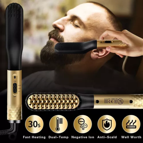 Beard Hair Straightener Quick Heated Electric Brush Straightening Comb Style - Picture 1 of 9