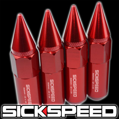 SICKSPEED 4 PC RED SPIKED ALUMINUM 60MM LUG NUTS WHEELS/RIMS 12X1.5 L01