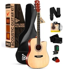 Pyle 41" Full-Size Acoustic Guitar Kit-Cutaway Body w/ Accessory Kit, (Natural)