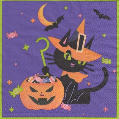 3 Lunch Papier Servietten Napkins (D8-14) Katze feiert Halloween