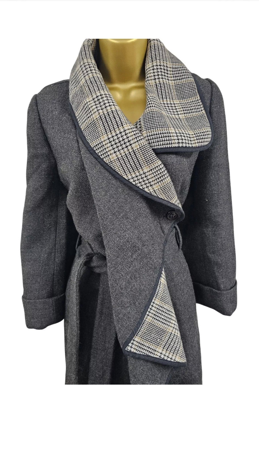 10 UK Karen Millen Vintage Wool Waterfall Charcoal Dogtooth Wrap Pea Coat Jacket