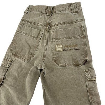 VTG y2k Youth Boys Khaki Beige Embroidered Fubu The Collection Cargo Jeans Sz 8
