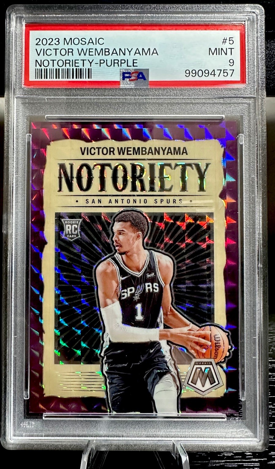 2023-24 Panini Mosaic Victor Wembanyama #5 Purple Mosaic Notoriety RC /99 PSA 9