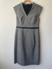 Karen Millen V-Neck Wool Blend Pencil Dress Womens 12 Grey Herringbone