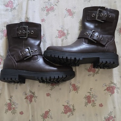 Cat & Jack Brown Buckle Mid-Calf Biker Boots Zip Closure Girls Size 8