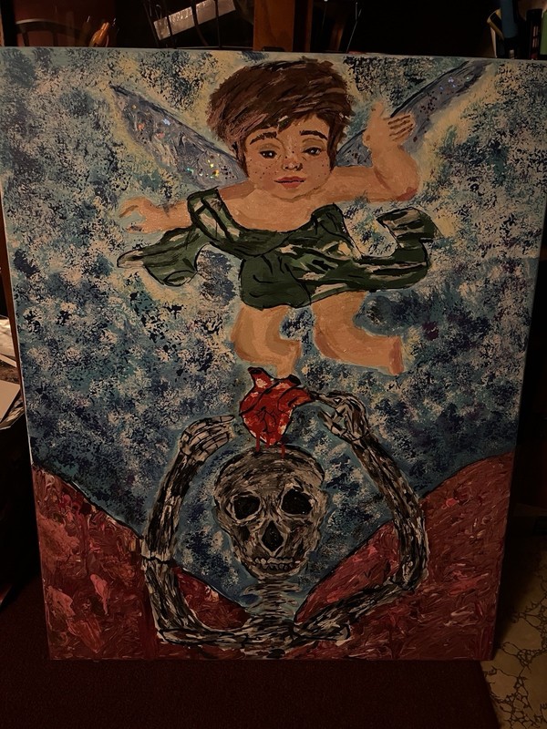 paintings on canvas Cherub And Skeleton Hand Painted Original Work
