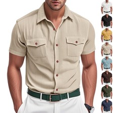 Summer men's casual outdoor loose collar corduroy workwear short-sleeved shirt