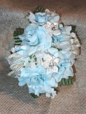 NEW 5" Artificial Lt Blue Rose Wrist Corsage, Iridescent Bow Rhinestone Accents
