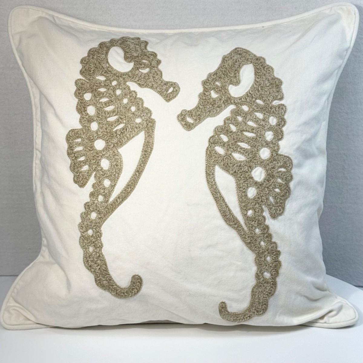 Pottery Barn Throw Pillow Seahorse Creme Beige Embroidery 18x18