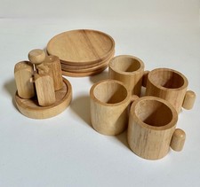 Hearthsong Wooden 4 Tea Cups and Plates  Condiments Set. Waldorf, NEW 