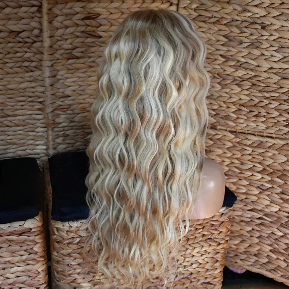 Pelucas delanteras de encaje de cabello humano ondulado marrón ceniza rubio platino 22" Foto 3 de 4
