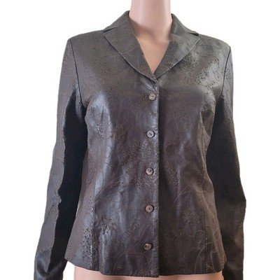 Vintage Worth Brown Leather Blazer Jacket, Women's 10, Embroidered Etched Floral