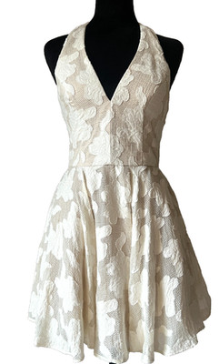 Bebe Dress Women's Sz 4 Ivory Floral Knit Halter Top Dress Lined Fit & Flare NWT