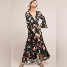 Anthropologie Farm Rio Summer Floral Black Motif Wrap Dress XS