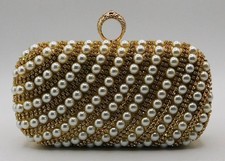 New Vintage Pearl Evening Handbag Rhinestone Clutch Party Wedding Purse /Gold