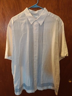 Cafe Luna White w/Blue Pattern  Cuban Button Up Short Sleeve Shirt Men s Large