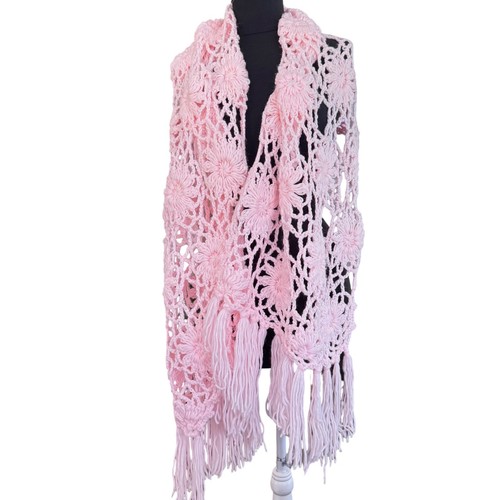 Crochet Scarf Shawl Light Pink Floral Knit Tassel Boho Wrap Vintage 20x43" - Picture 2 of 6