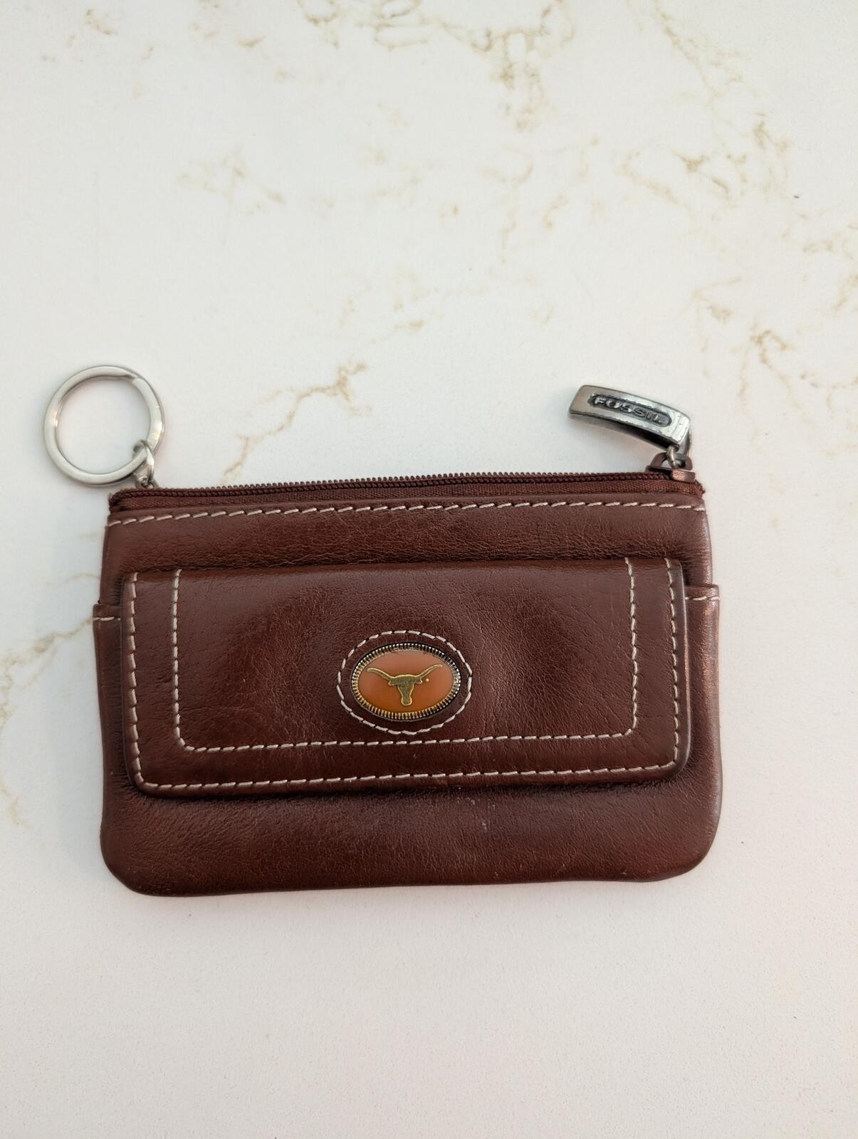 Fossil Brown Leather University of Texas Longhorns Coin Pouch Keychain Wallet