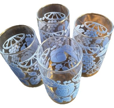 Vtg Libby Clear Glass Tumblers Set Of 4 Blue Raised Textured Fruit On Glasses