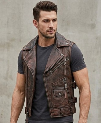 Men s Vintage Brown Motorcycle Leather Vest   Real Leather Biker Waistcoat
