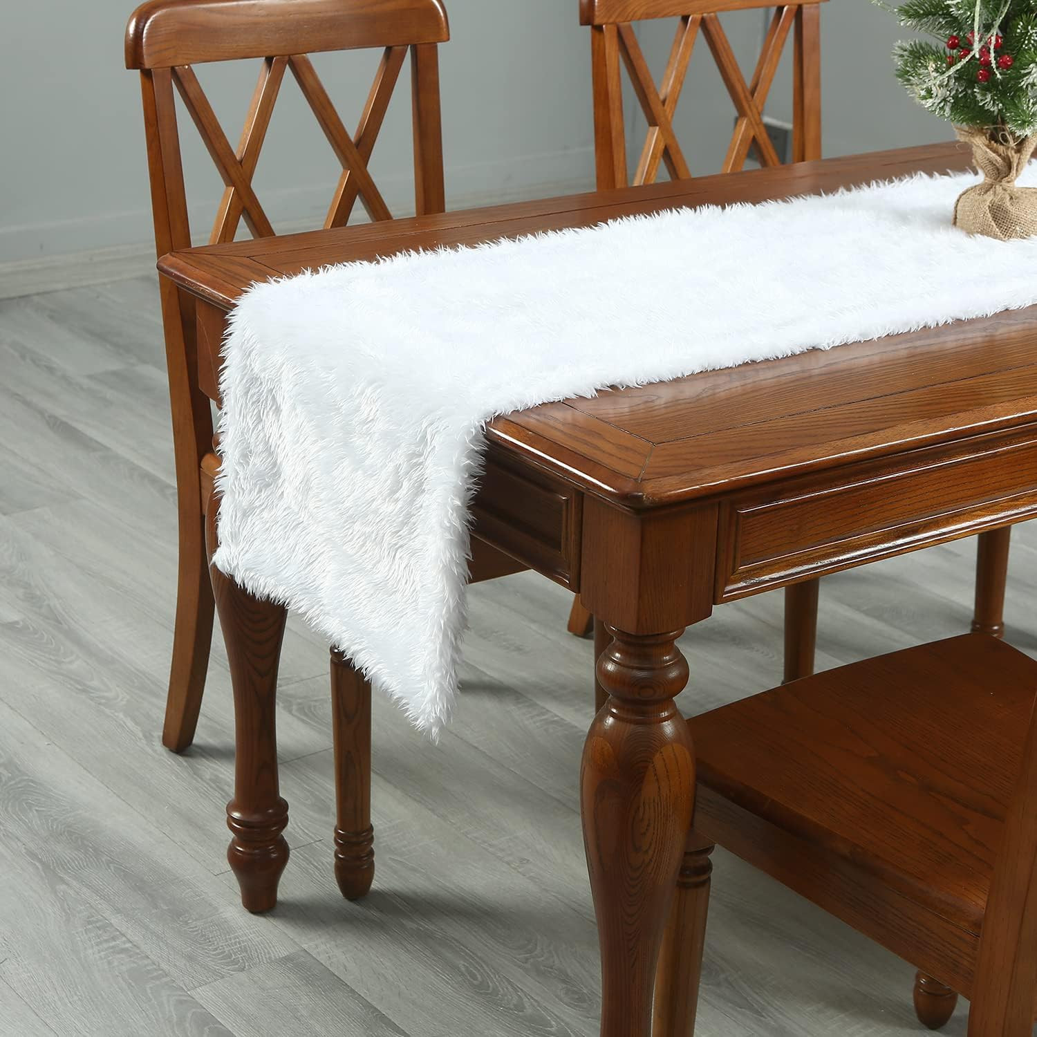Faux Fur Table Runner 15x70 Inch,White Table Decoration for Xmas