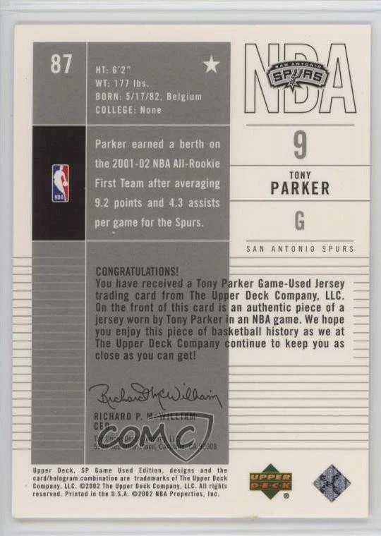 2002-03 SP Game Used Edition Authentic Fabrics Tony Parker #87 HOF - Image 2 of 2
