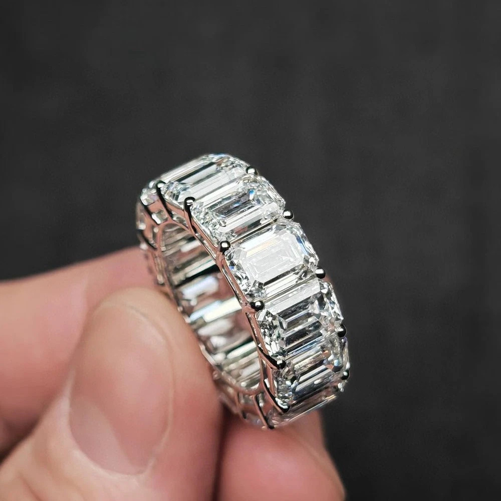 13.00Ctw Emerald Moissanite Full Eternity Wedding Band In 14k White Gold Plated